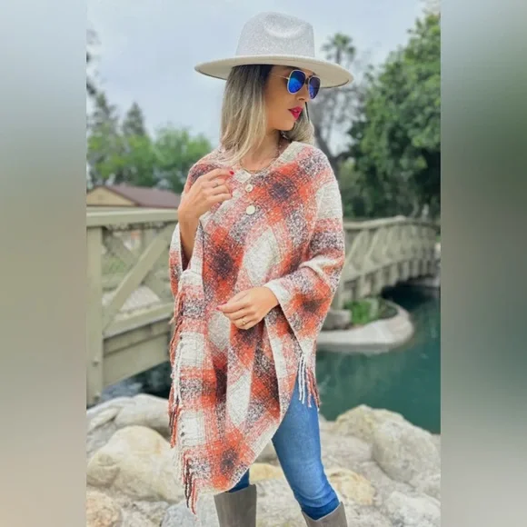 Plaid Orange and Cream Poncho - Picture 3 of 4